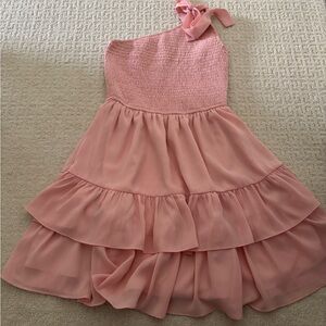 Pink one shoulder ruffle mini dress